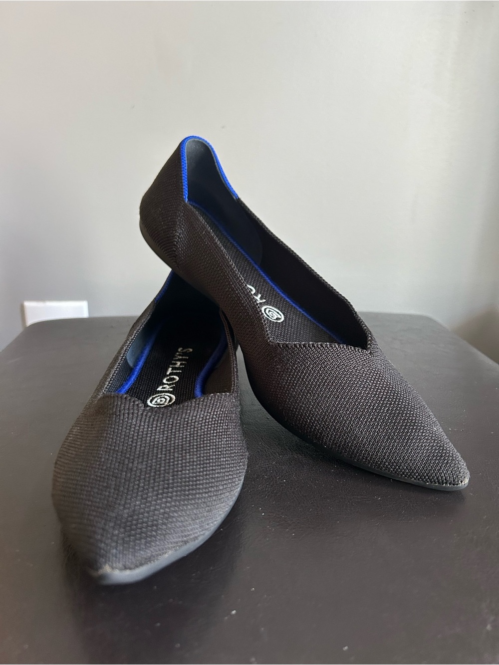 Rothy’s ‘The Point’ Black Pointed Toe Women’s Flats with Blue Trim